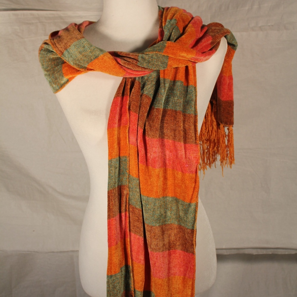 Soft DNY orange, red and brown striped scarf